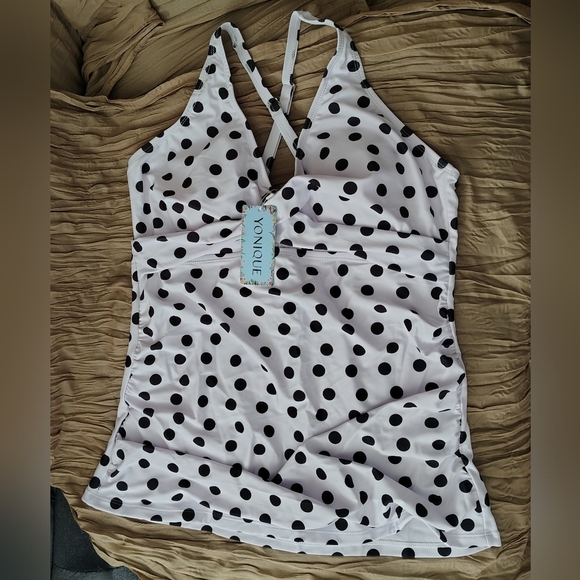 Yonique Women's V-Neck Tankini Top Swimwear Tummy Control-White Polka Dots Sz XL - Picture 3 of 11